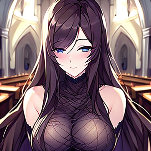 messy hair fishnet long hair church brunette woman