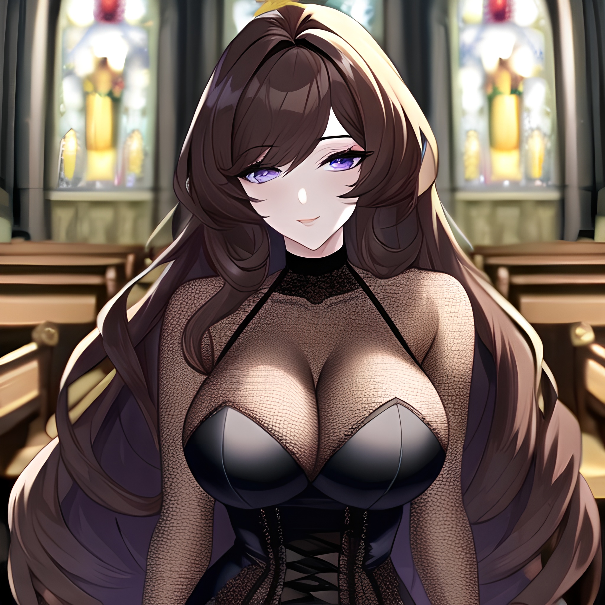 messy hair fishnet long hair church woman brunette