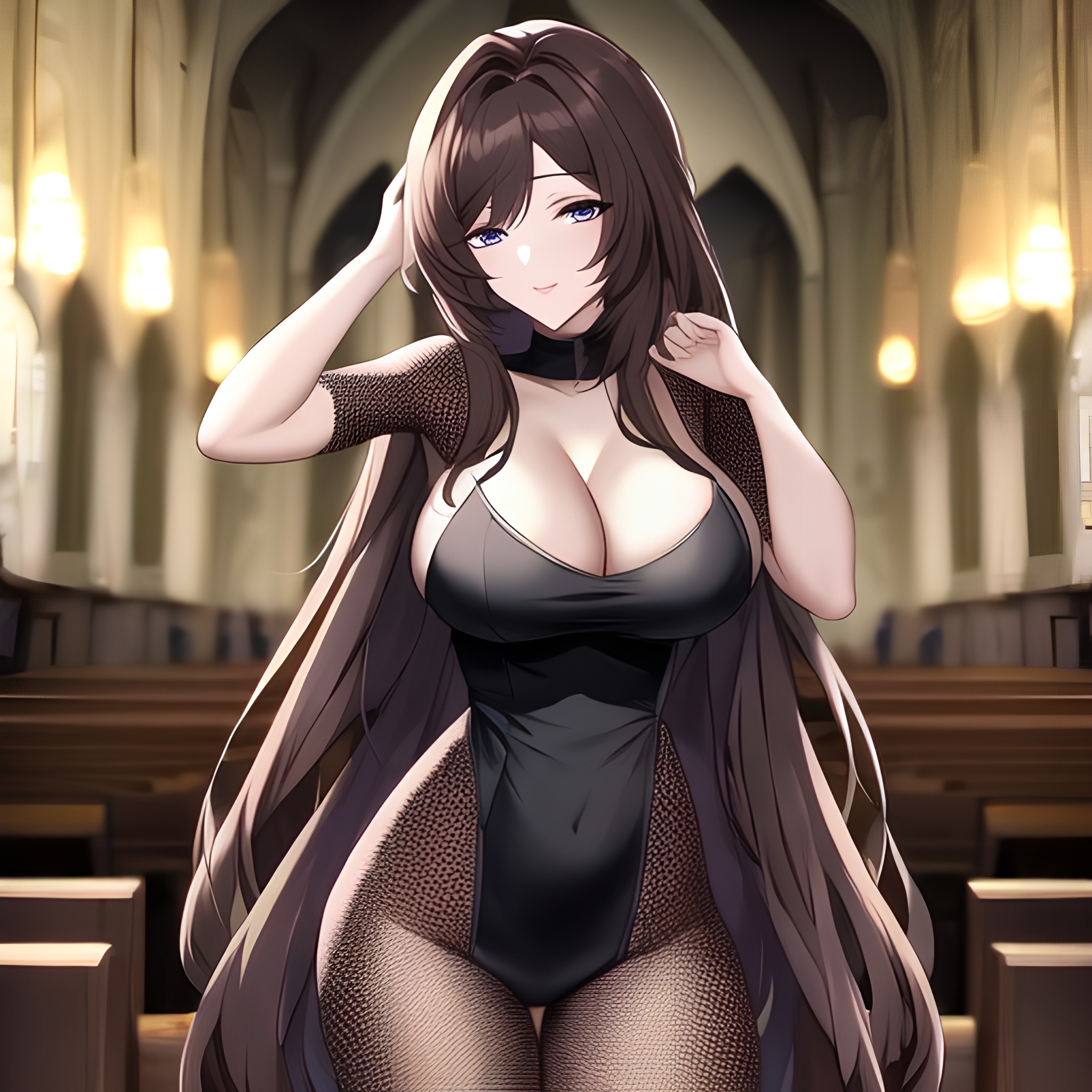 messy hair fishnet long hair church woman brunette 