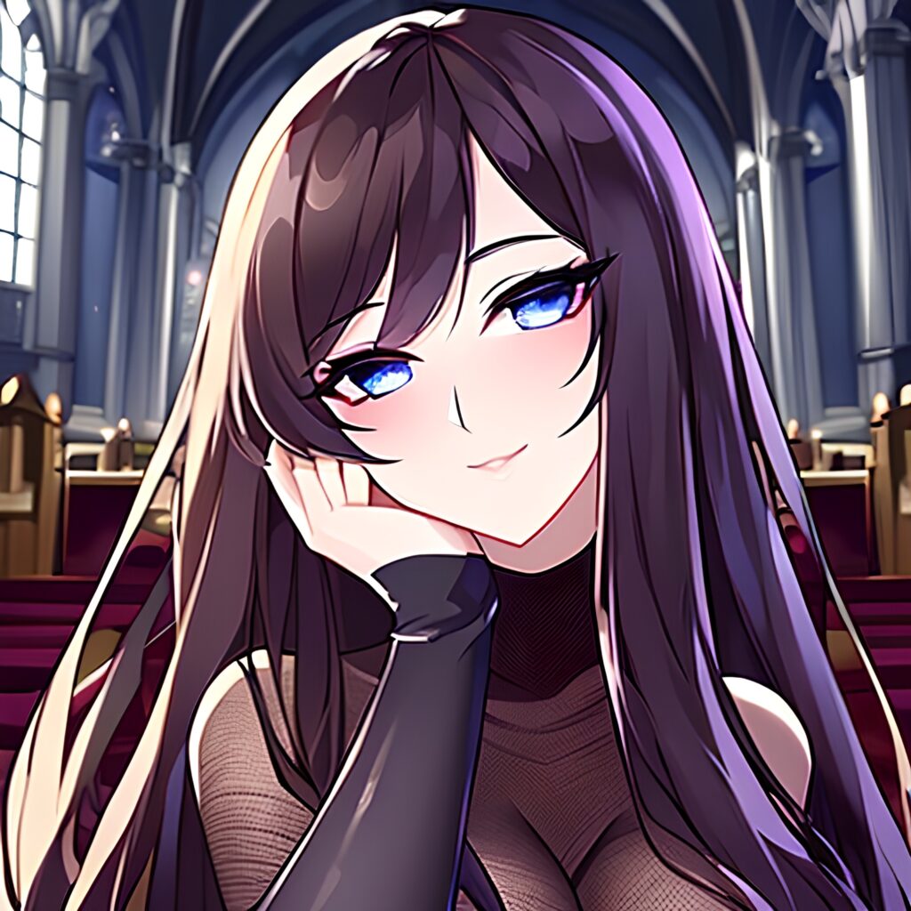 messy hair fishnet long hair church woman brunette