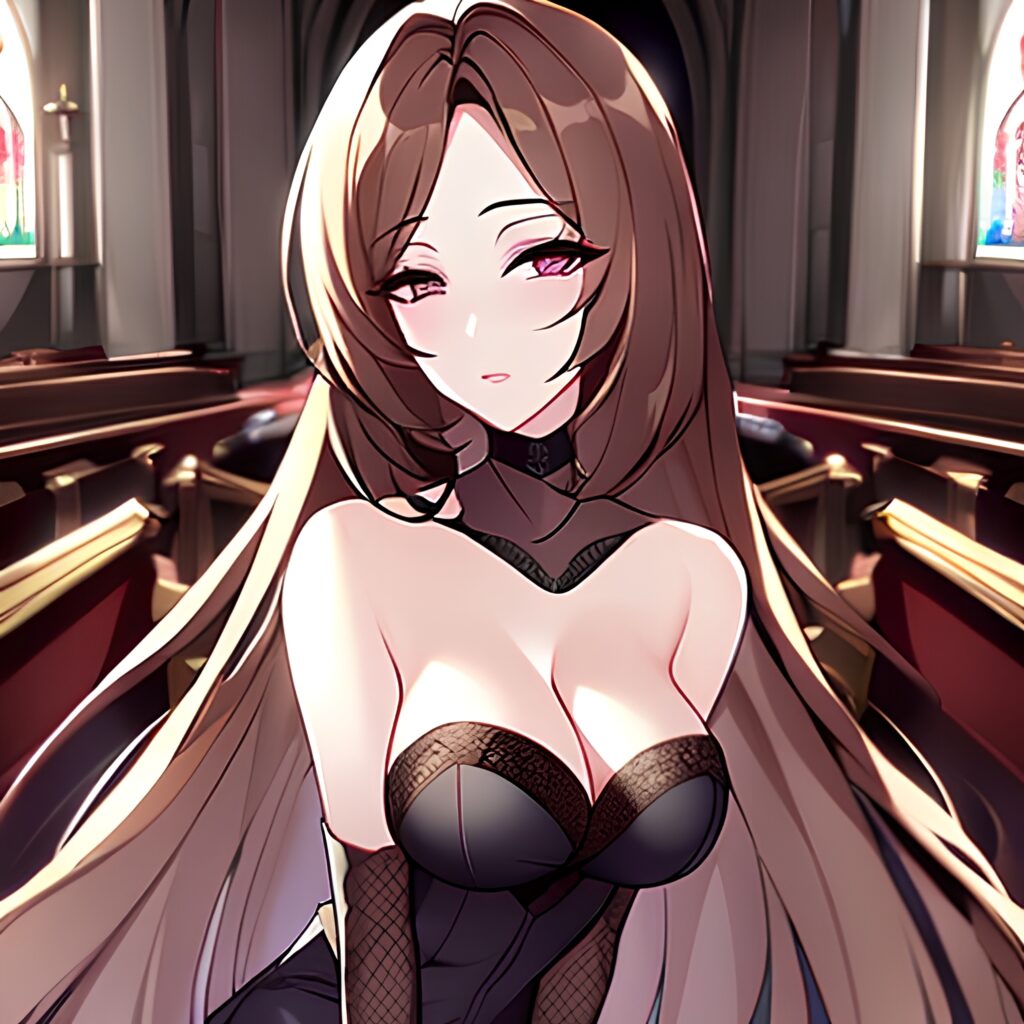 messy hair fishnet long hair church woman brunette
