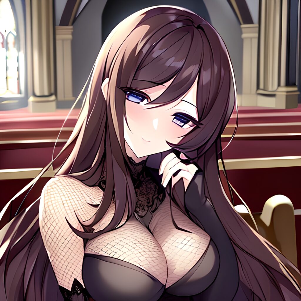 messy hair fishnet long hair woman brunette church