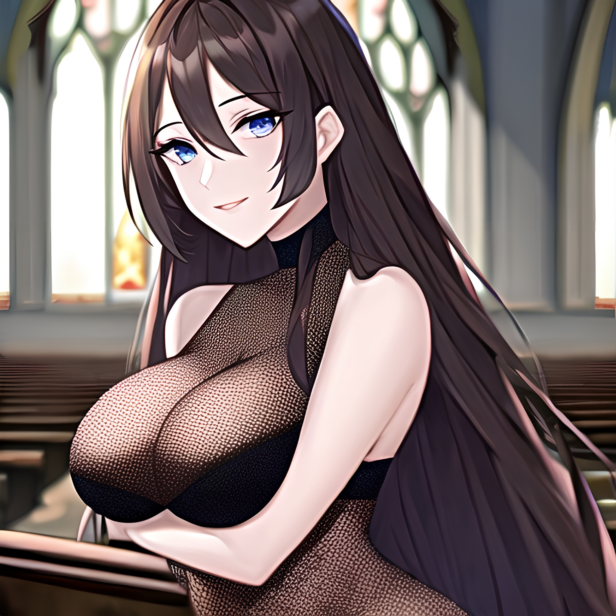 messy hair fishnet long hair woman brunette church 