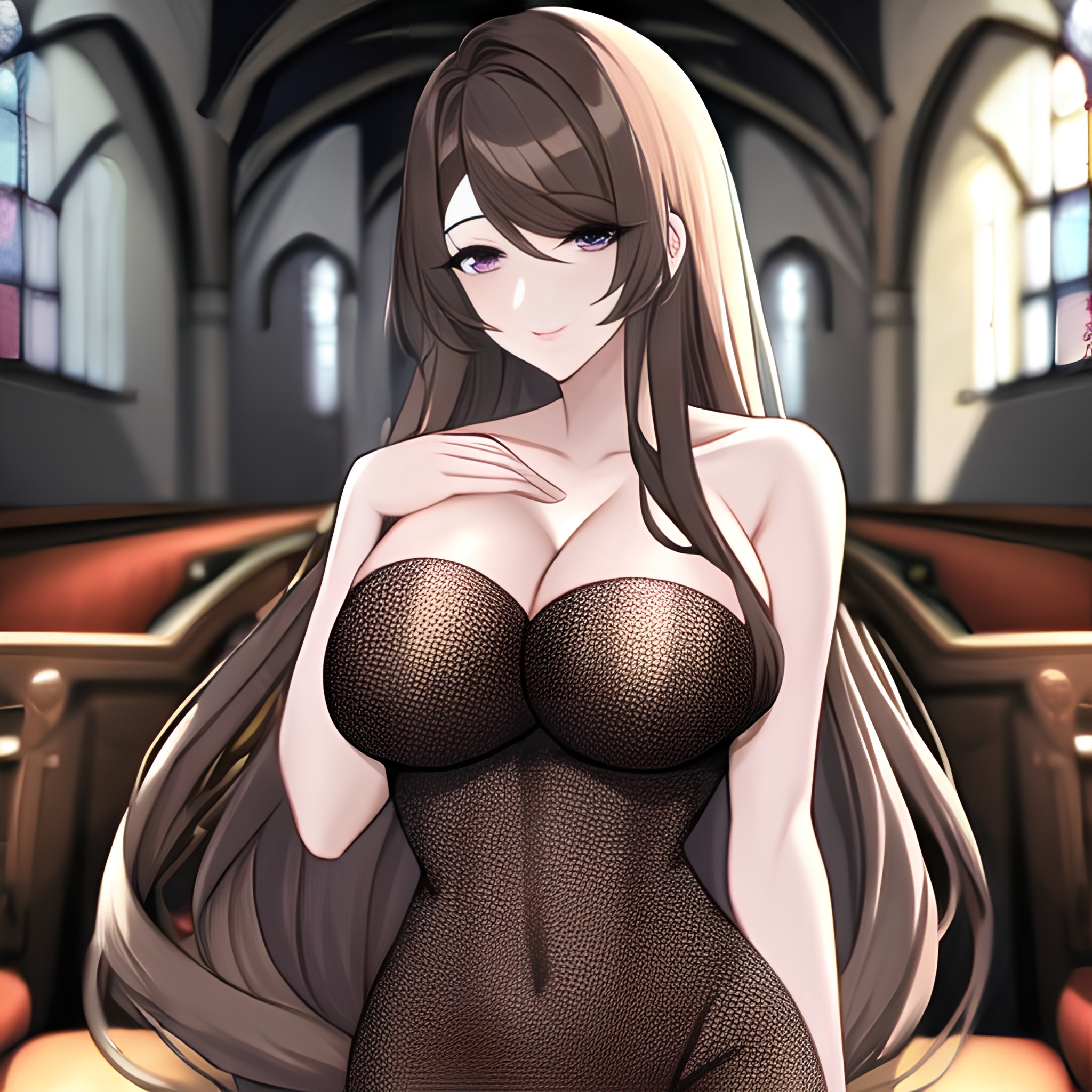 messy hair fishnet long hair woman church brunette