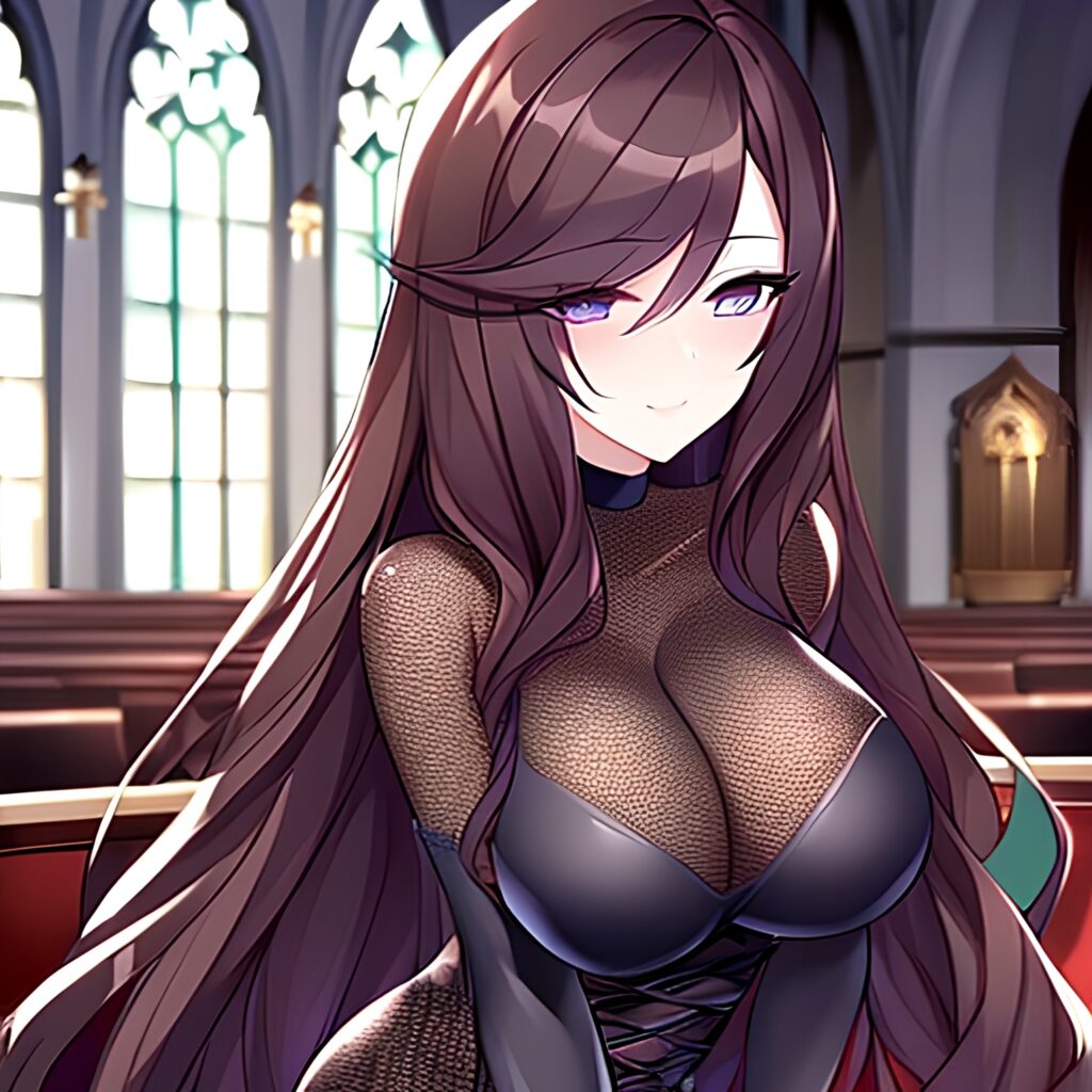 messy hair fishnet woman brunette church long hair