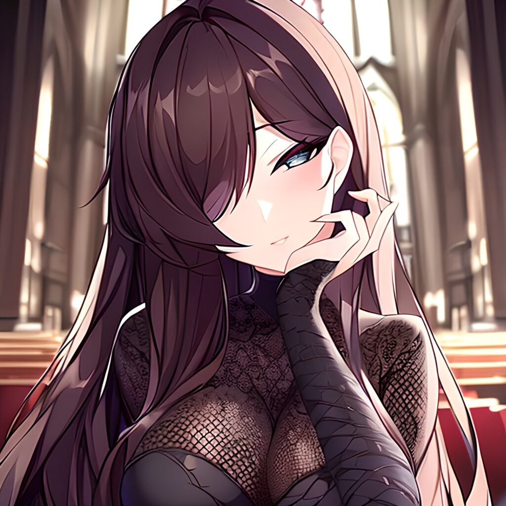 messy hair fishnet woman brunette church long hair