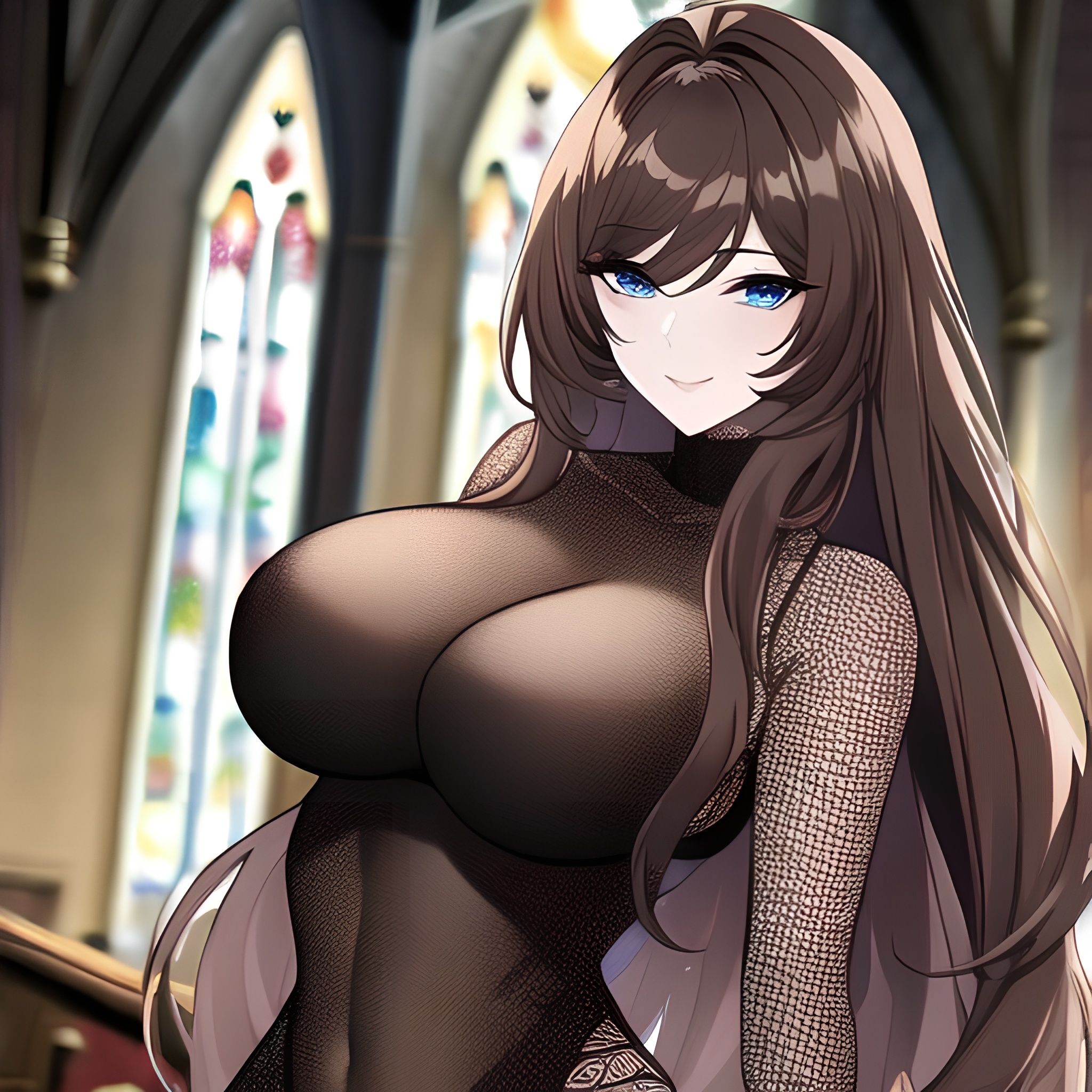 messy hair fishnet woman church brunette long hair 