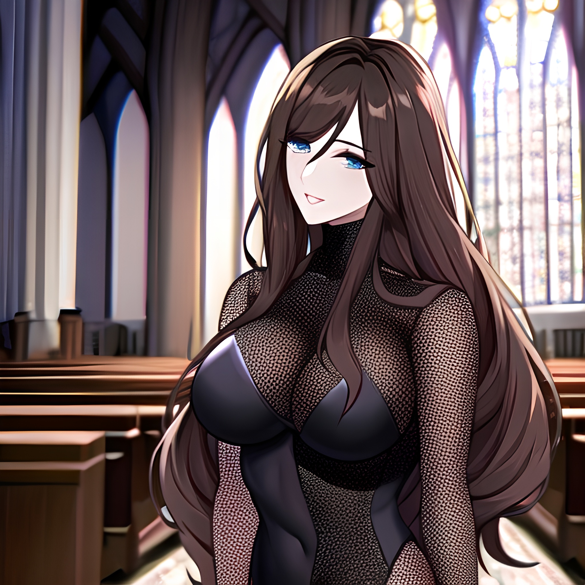 messy hair fishnet woman church long hair brunette 