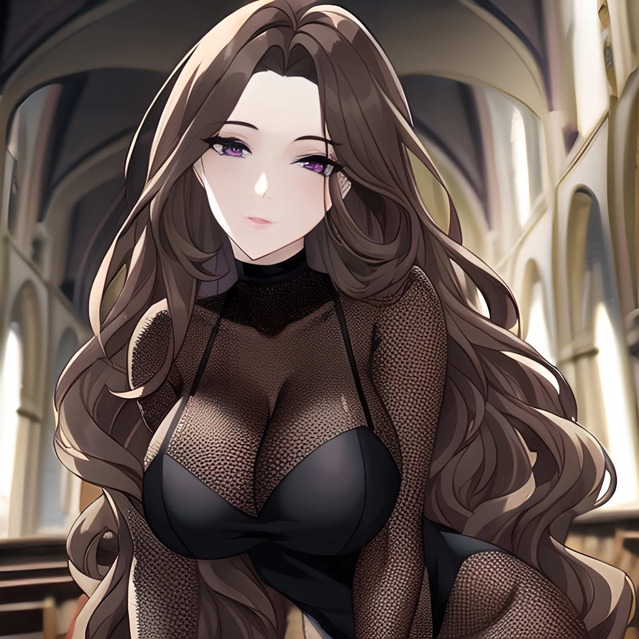 messy hair fishnet woman church long hair brunette