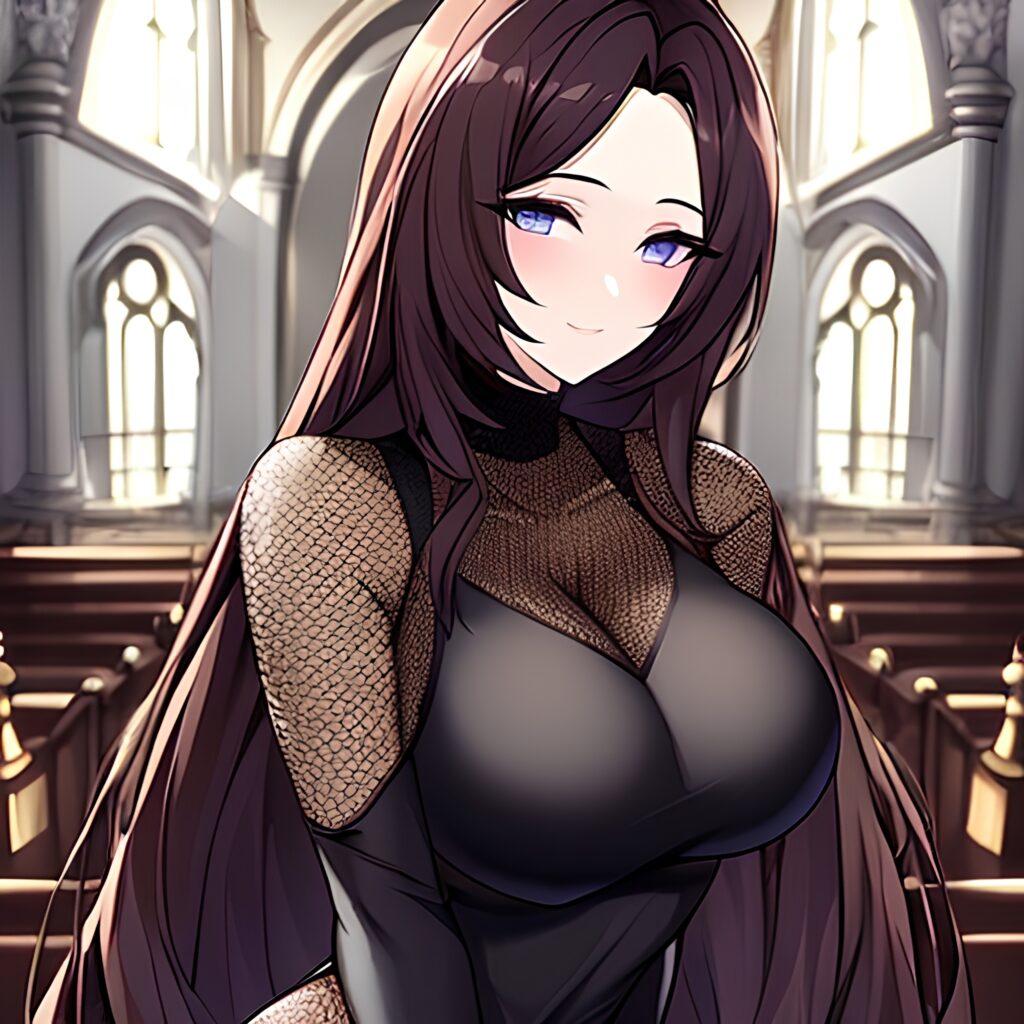 messy hair fishnet woman church long hair brunette