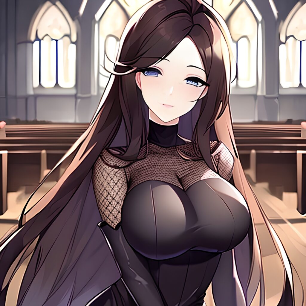 messy hair fishnet woman church long hair brunette 