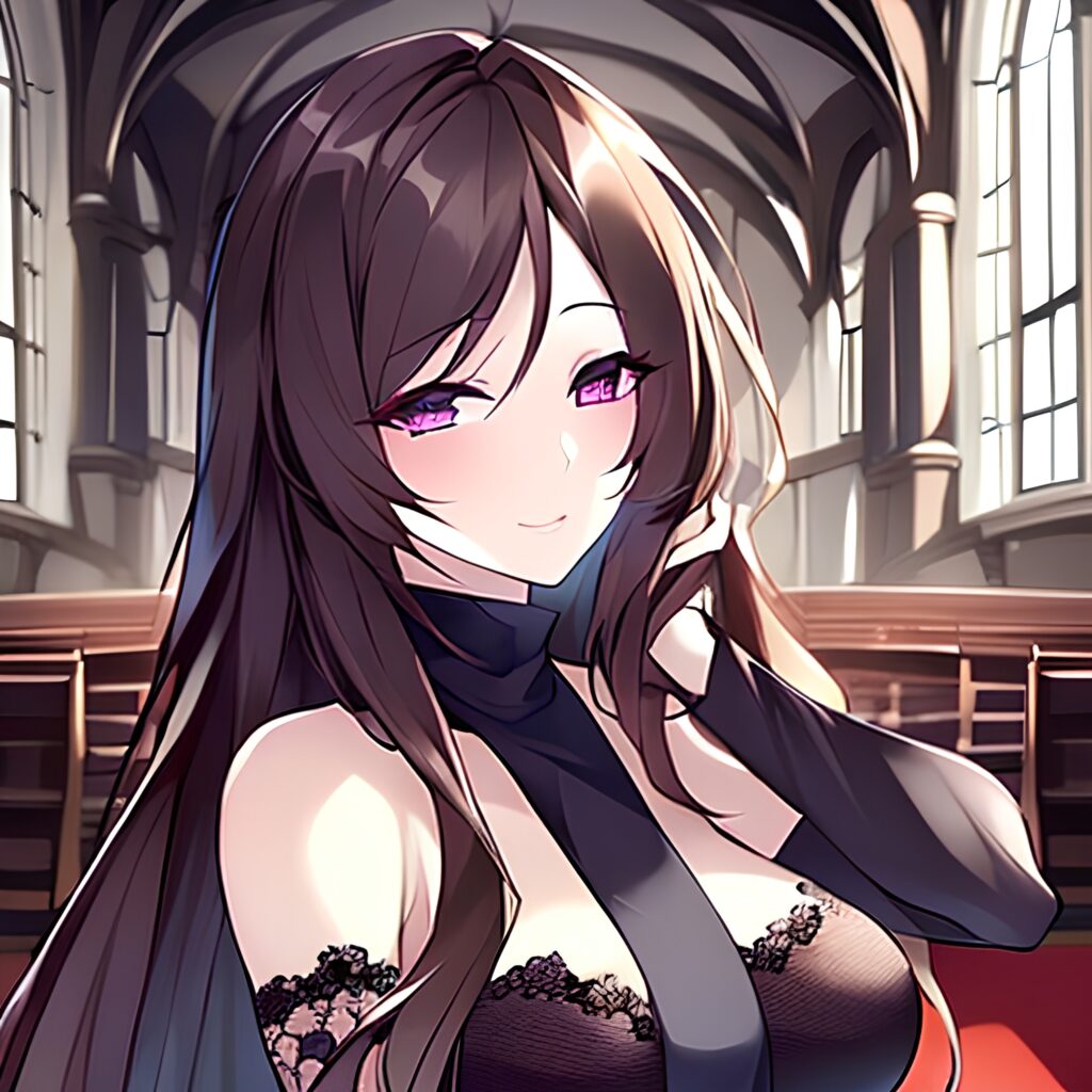 messy hair fishnet woman church long hair brunette 