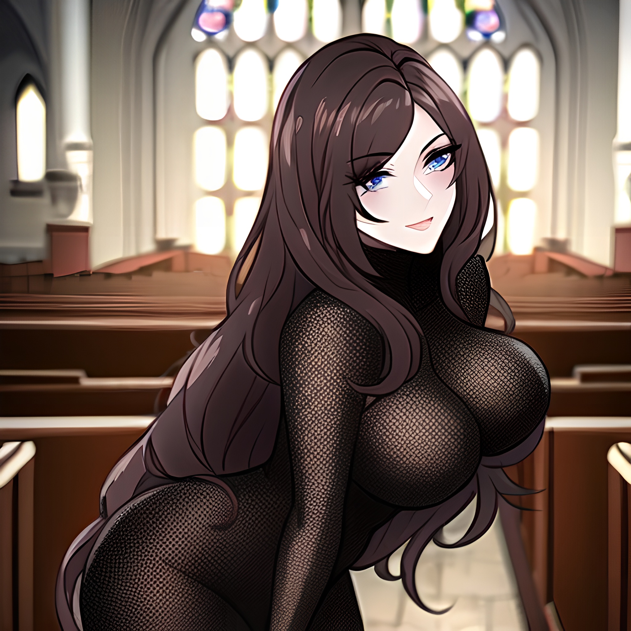 messy hair fishnet woman long hair church brunette