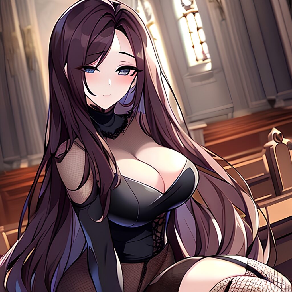 messy hair long hair brunette church fishnet woman