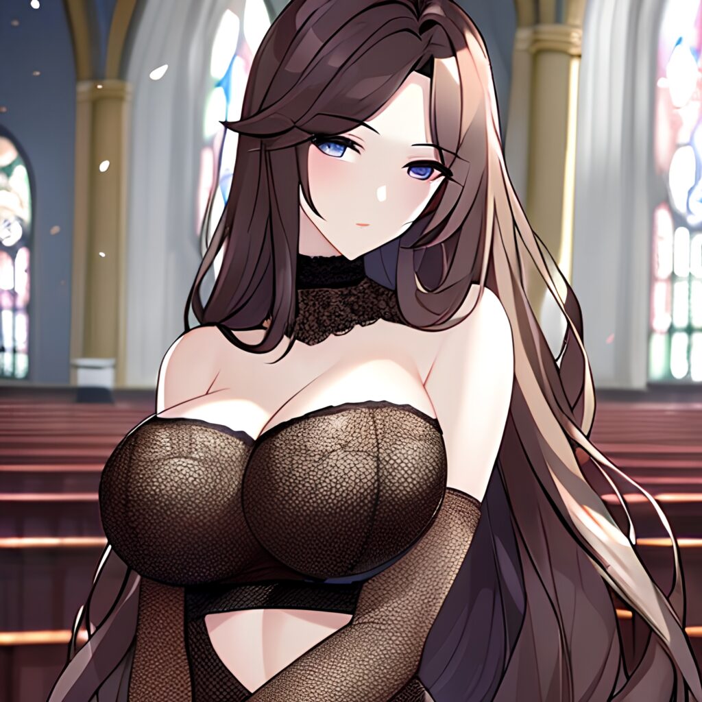 messy hair long hair brunette church woman fishnet