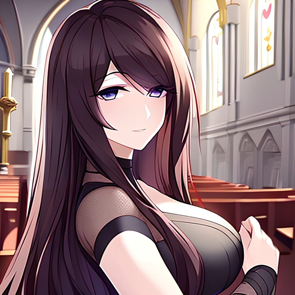 messy hair long hair brunette church woman fishnet 