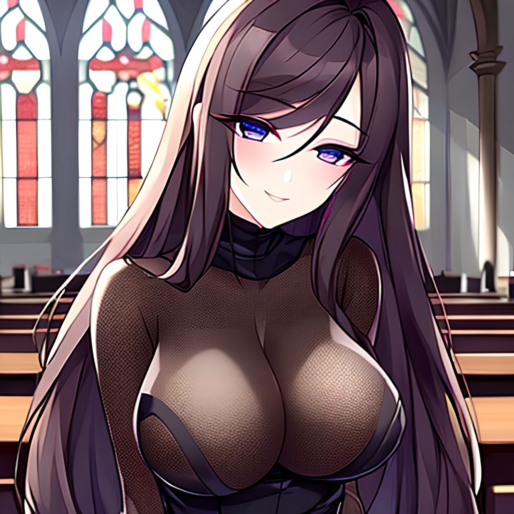 messy hair long hair brunette church woman fishnet
