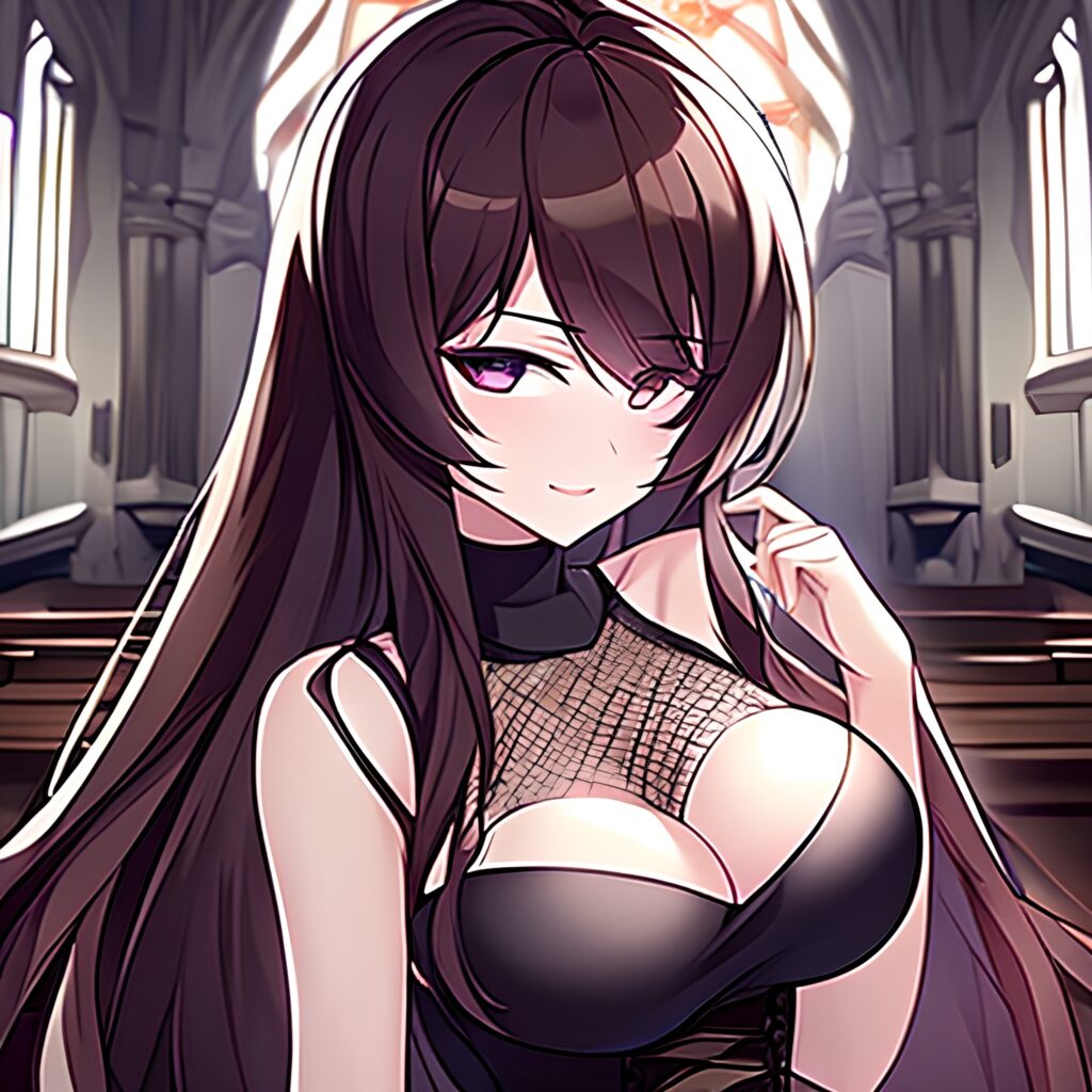 messy hair long hair brunette church woman fishnet 