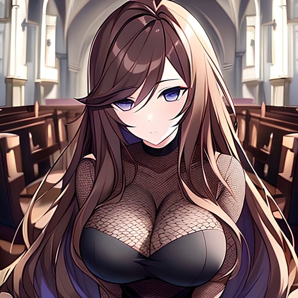 messy hair long hair brunette church woman fishnet 