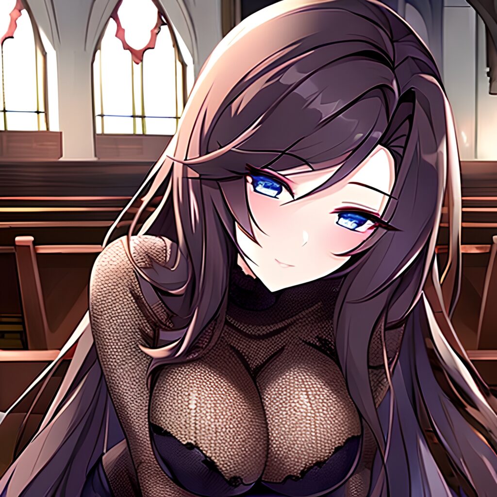 messy hair long hair brunette fishnet church woman 