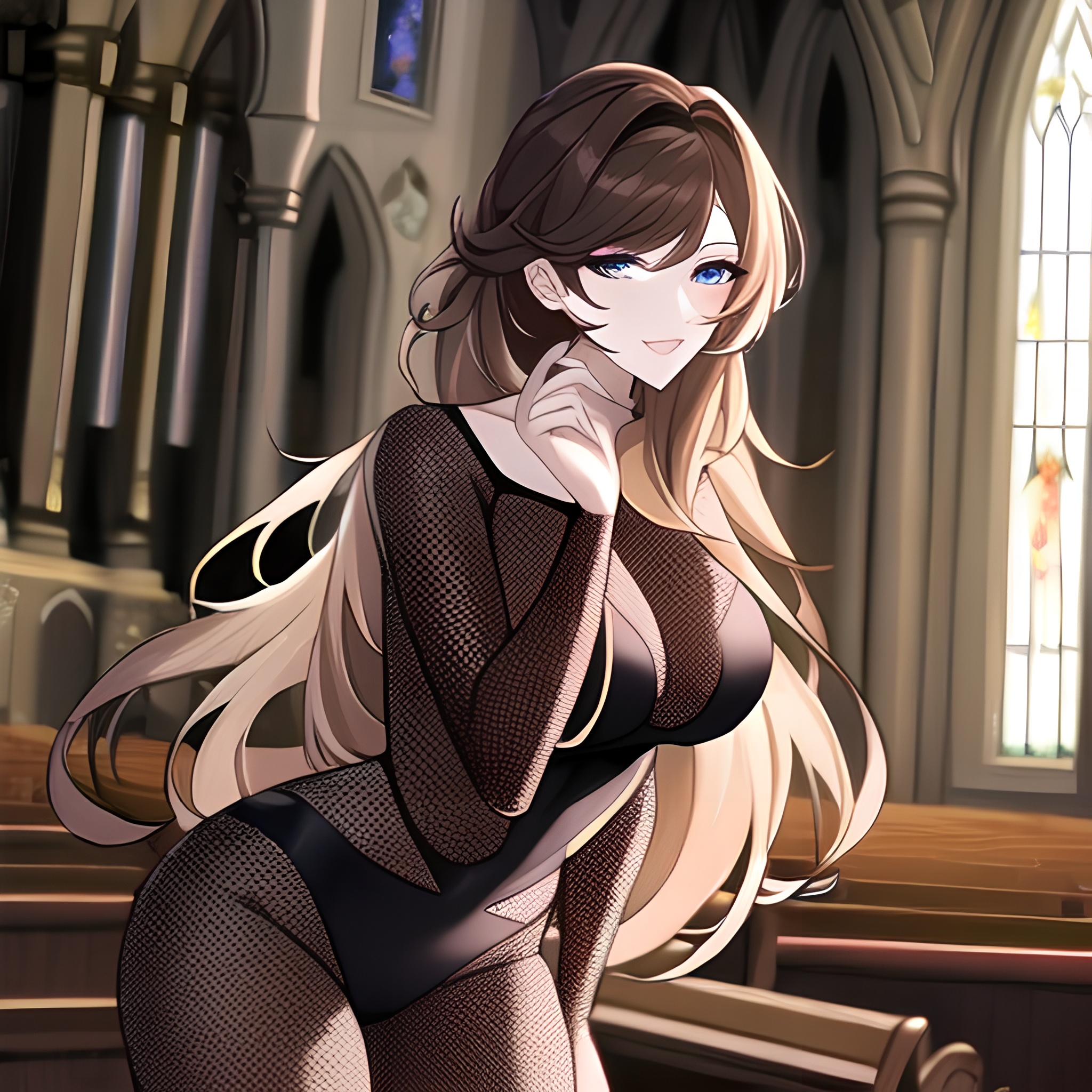 messy hair long hair brunette fishnet church woman 