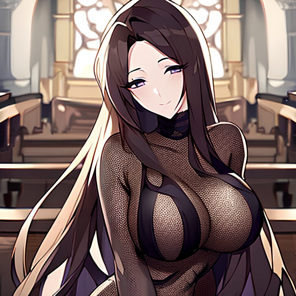 messy hair long hair brunette fishnet church woman