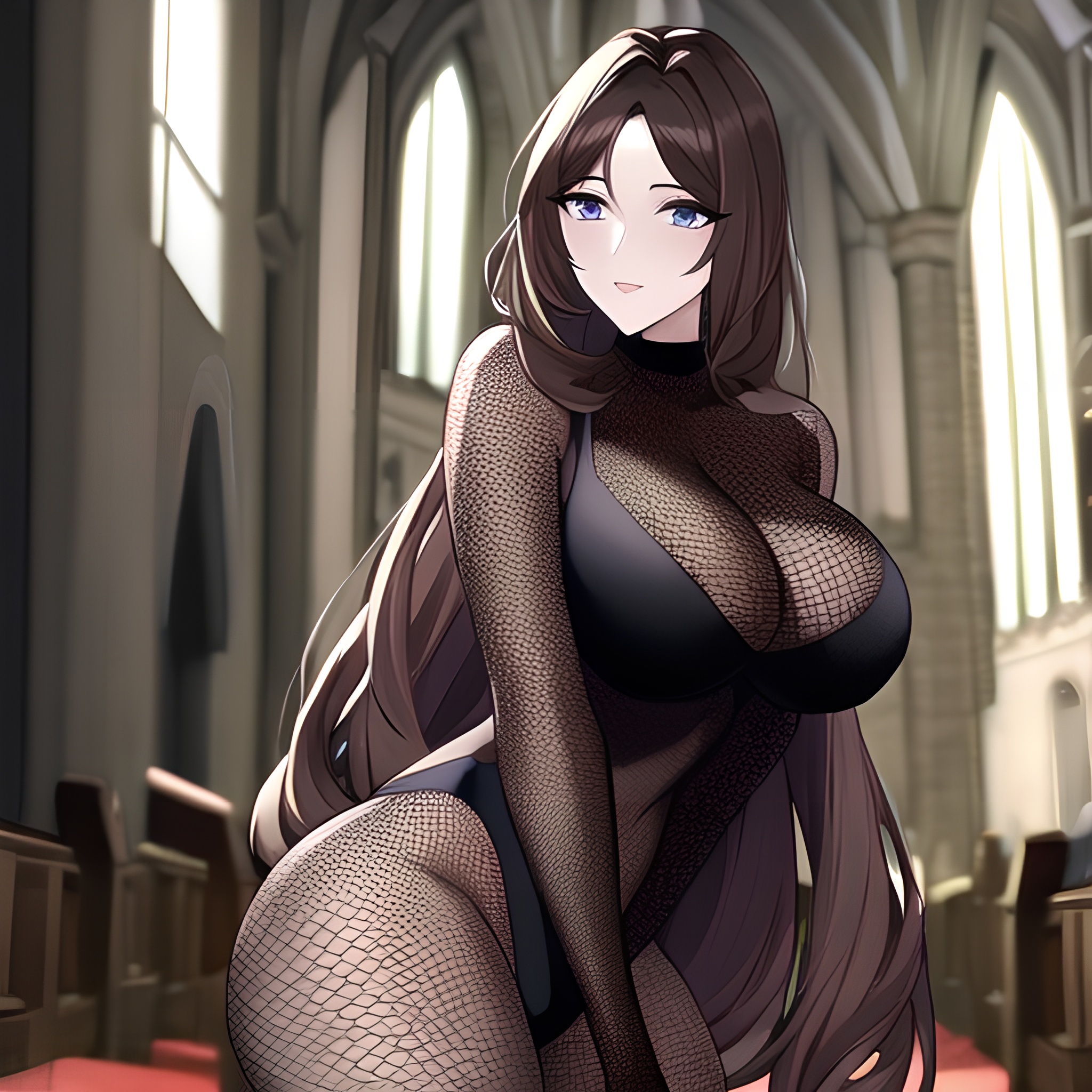 messy hair long hair brunette fishnet woman church 