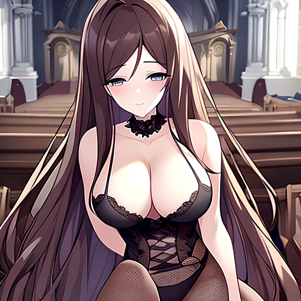 messy hair long hair brunette fishnet woman church