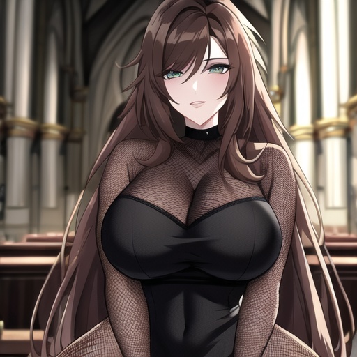 messy hair long hair brunette woman church fishnet 
