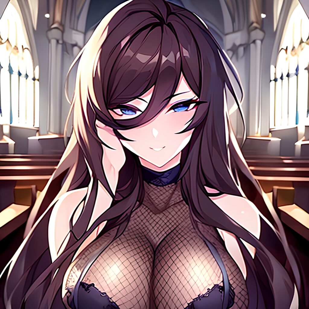 messy hair long hair brunette woman church fishnet 