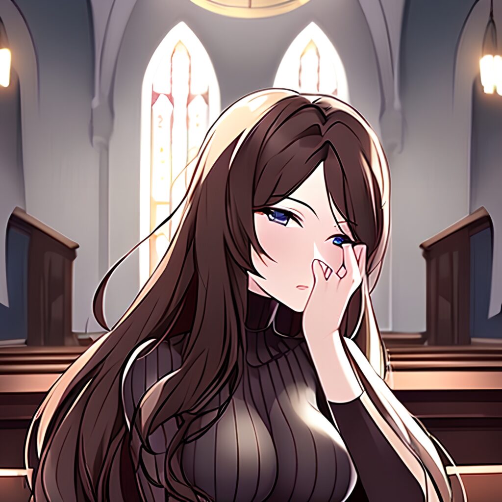 messy hair long hair brunette woman church fishnet