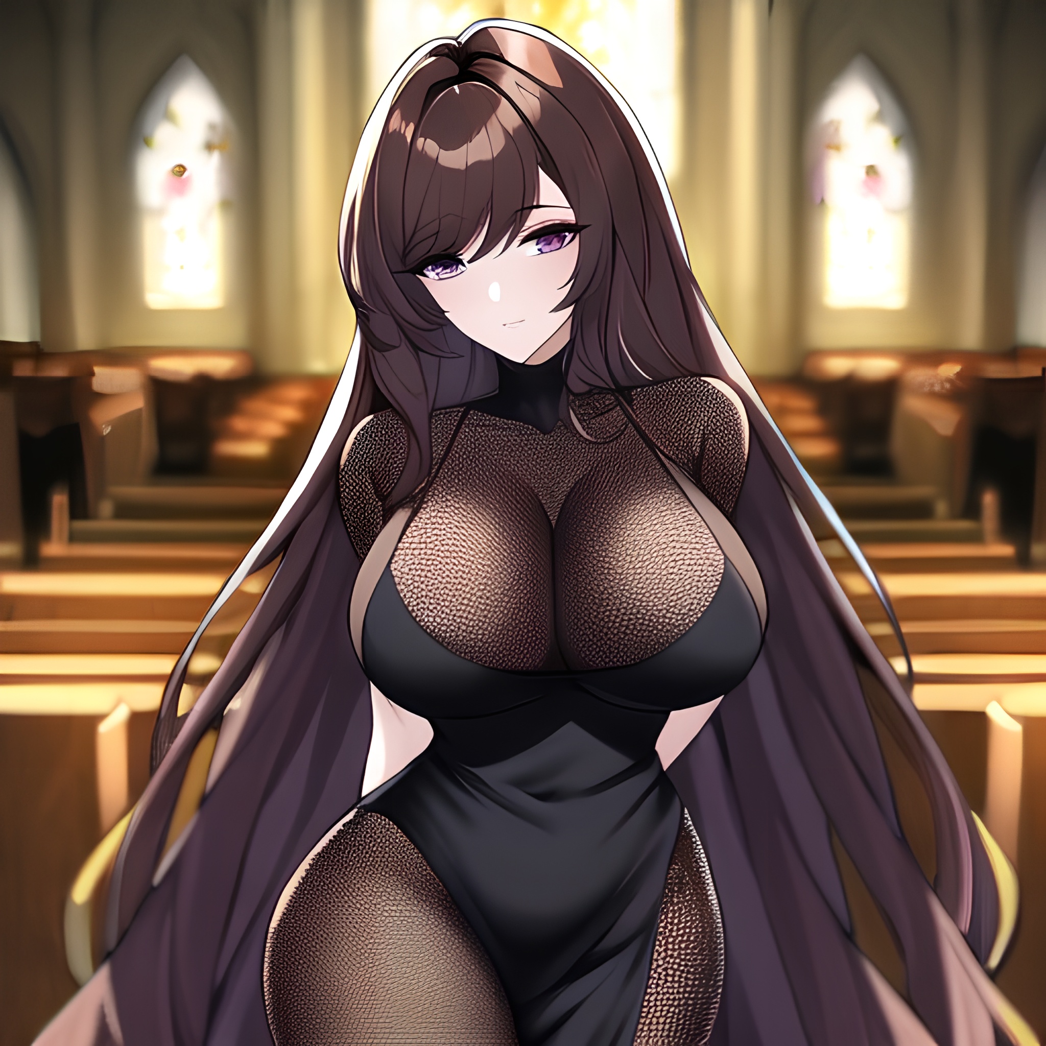 messy hair long hair brunette woman church fishnet 