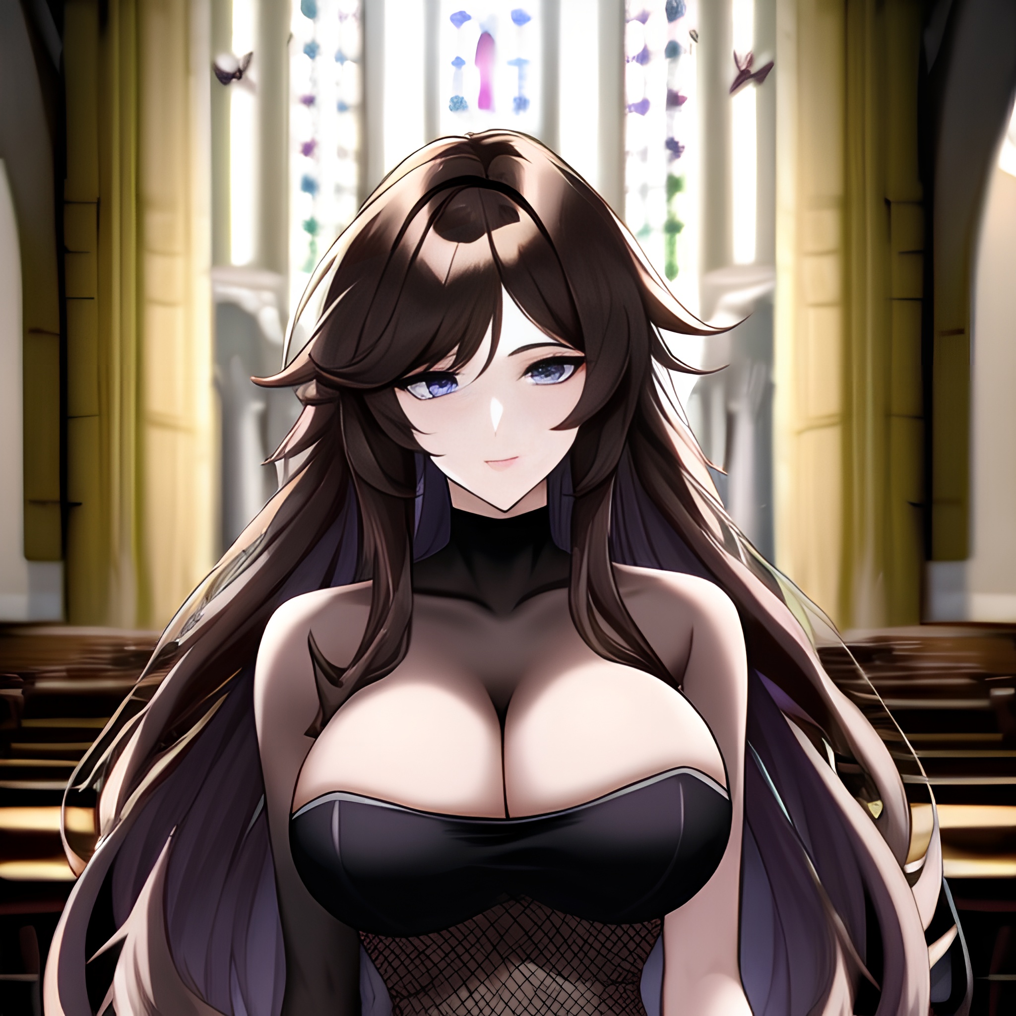 messy hair long hair brunette woman fishnet church
