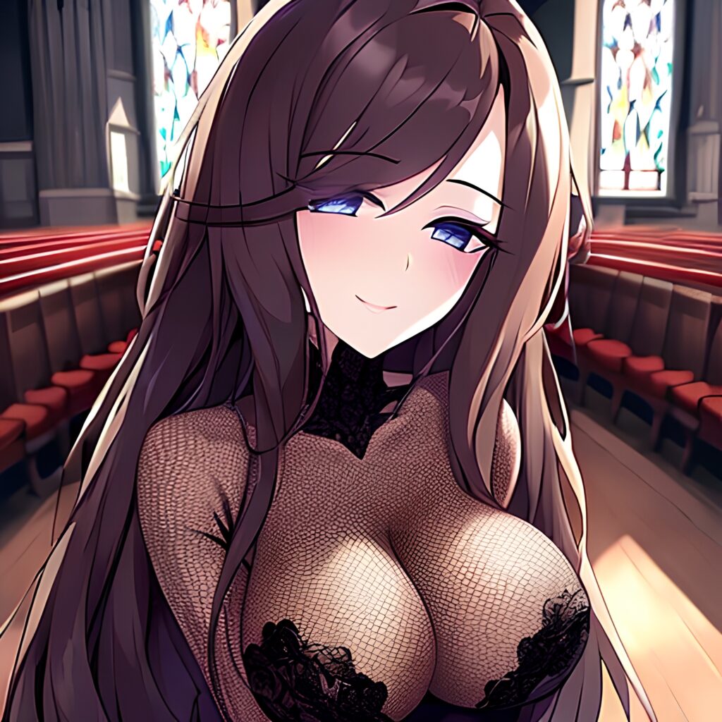 messy hair long hair church brunette fishnet woman 