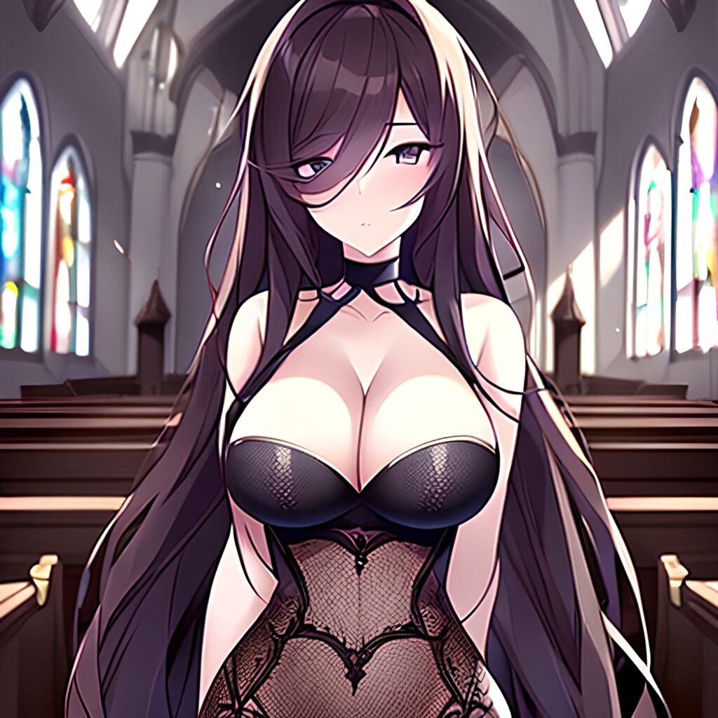 messy hair long hair church brunette fishnet woman