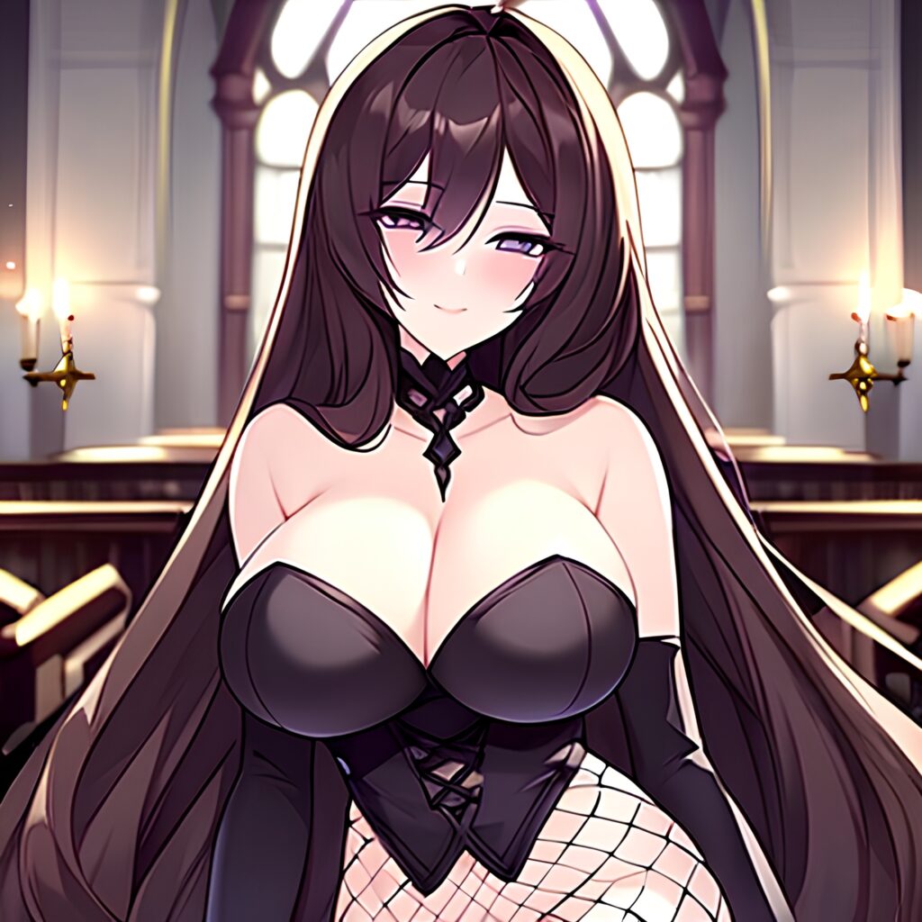 messy hair long hair church brunette woman fishnet