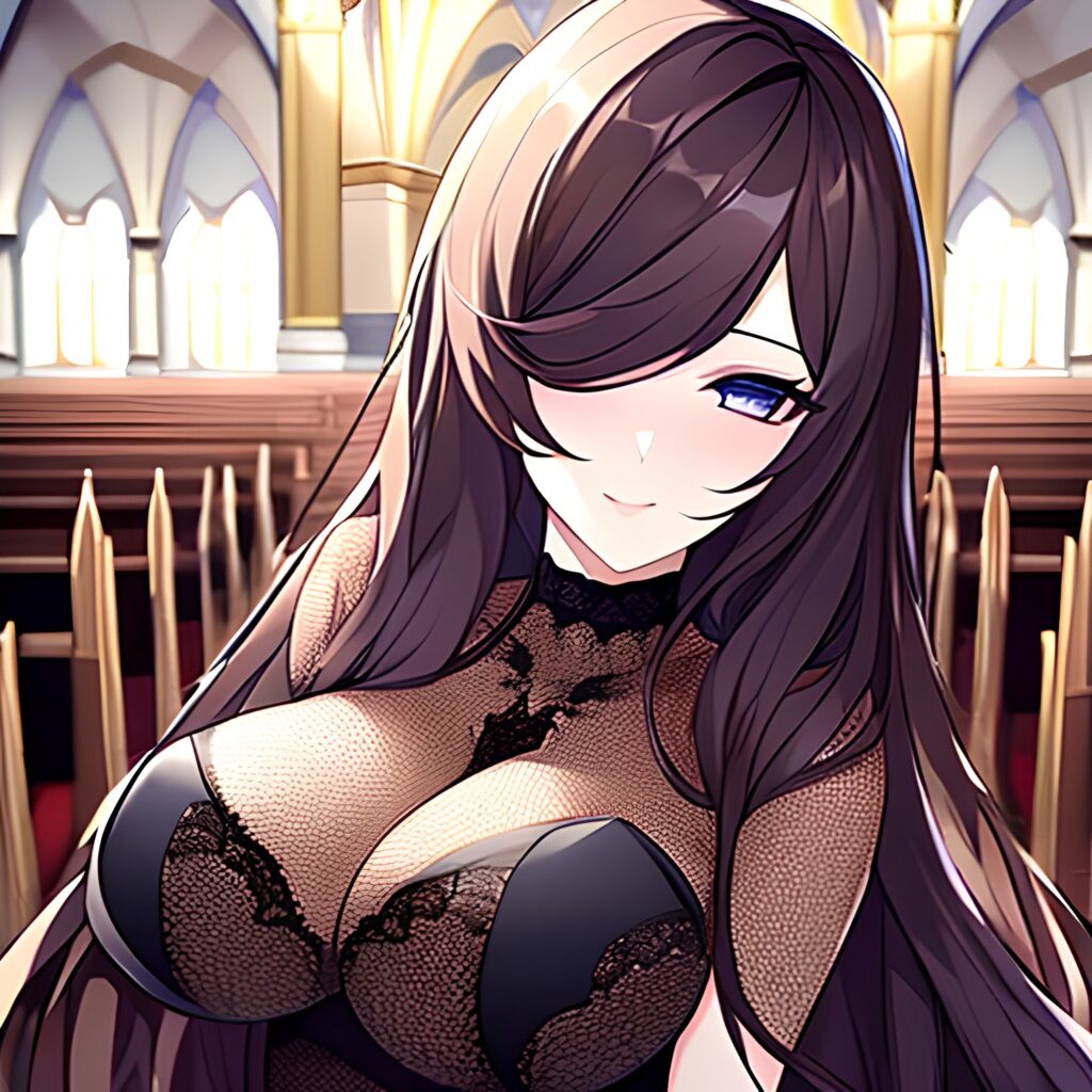 messy hair long hair church brunette woman fishnet 