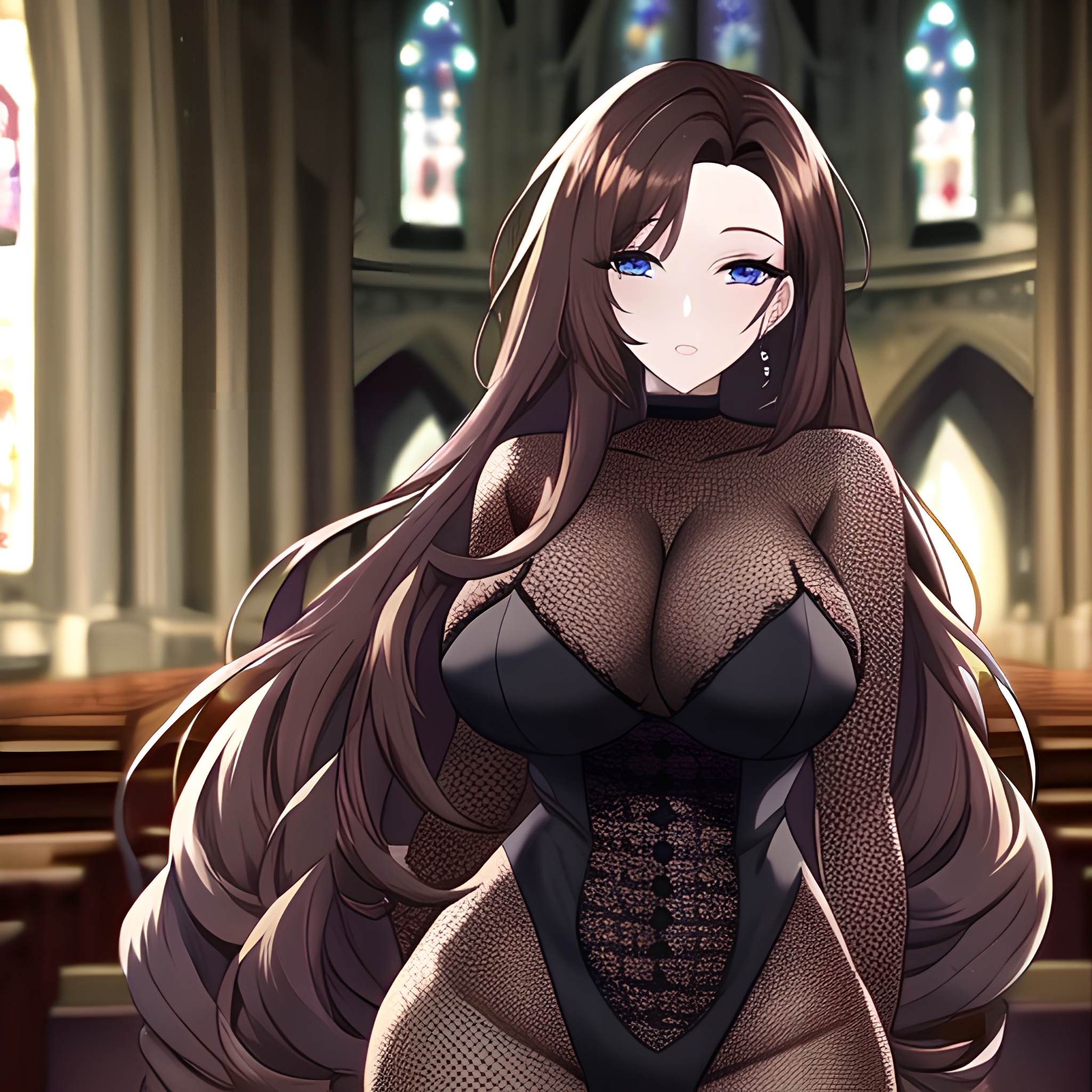messy hair long hair church fishnet brunette woman