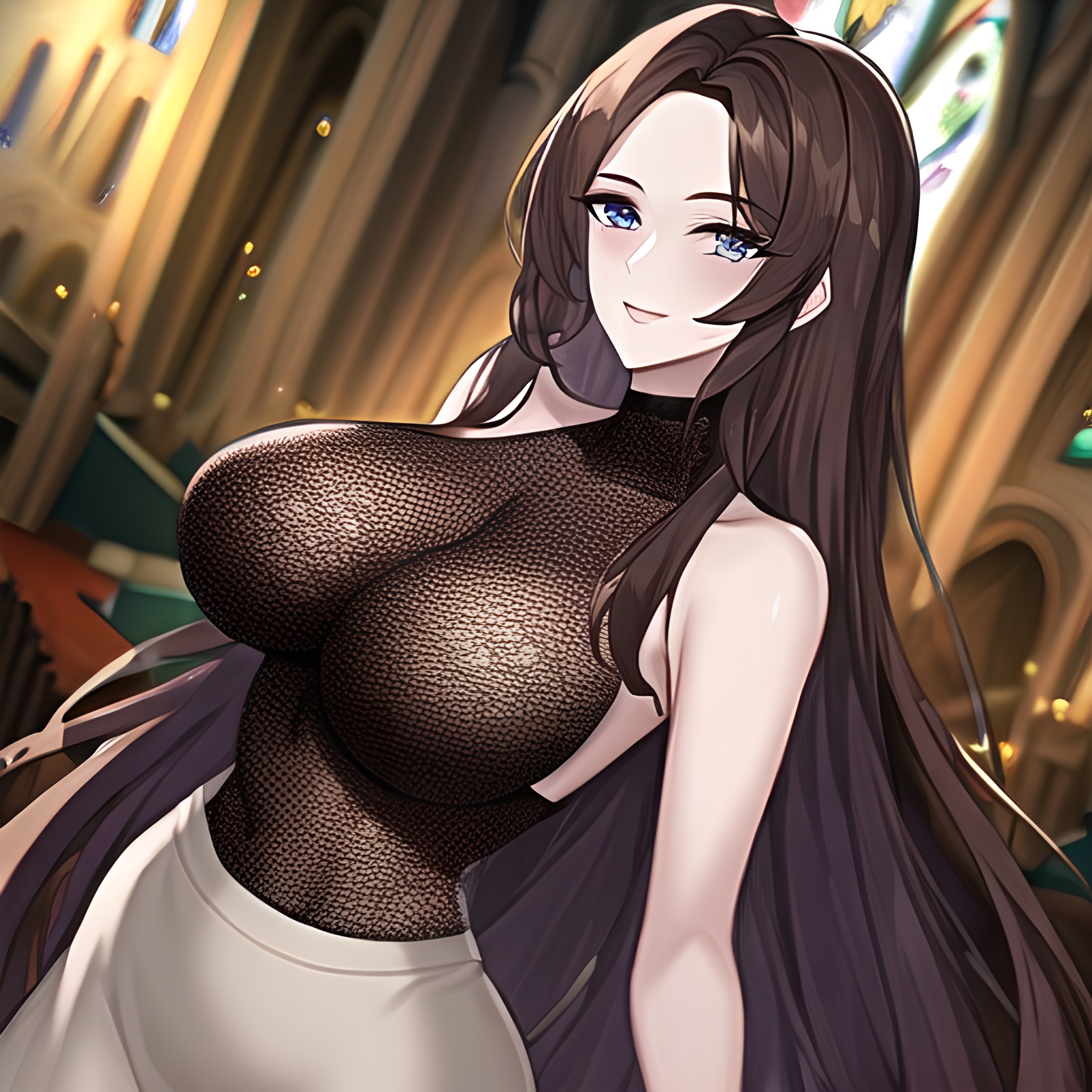 messy hair long hair church fishnet brunette woman