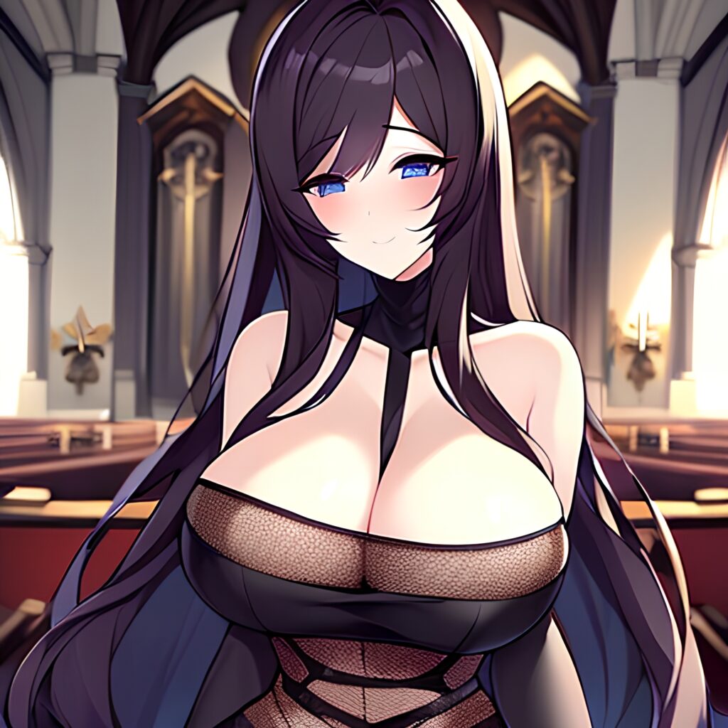 messy hair long hair church woman brunette fishnet