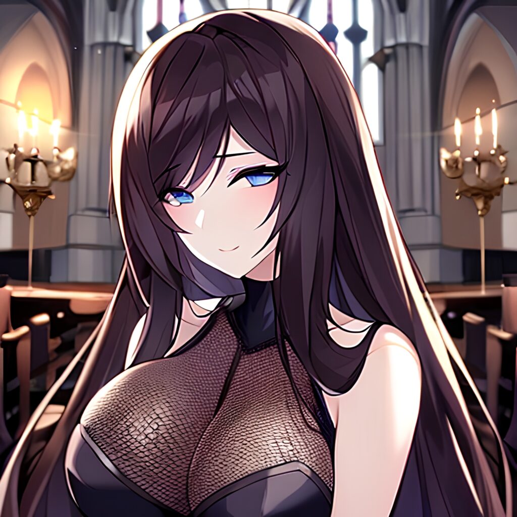 messy hair long hair church woman brunette fishnet 