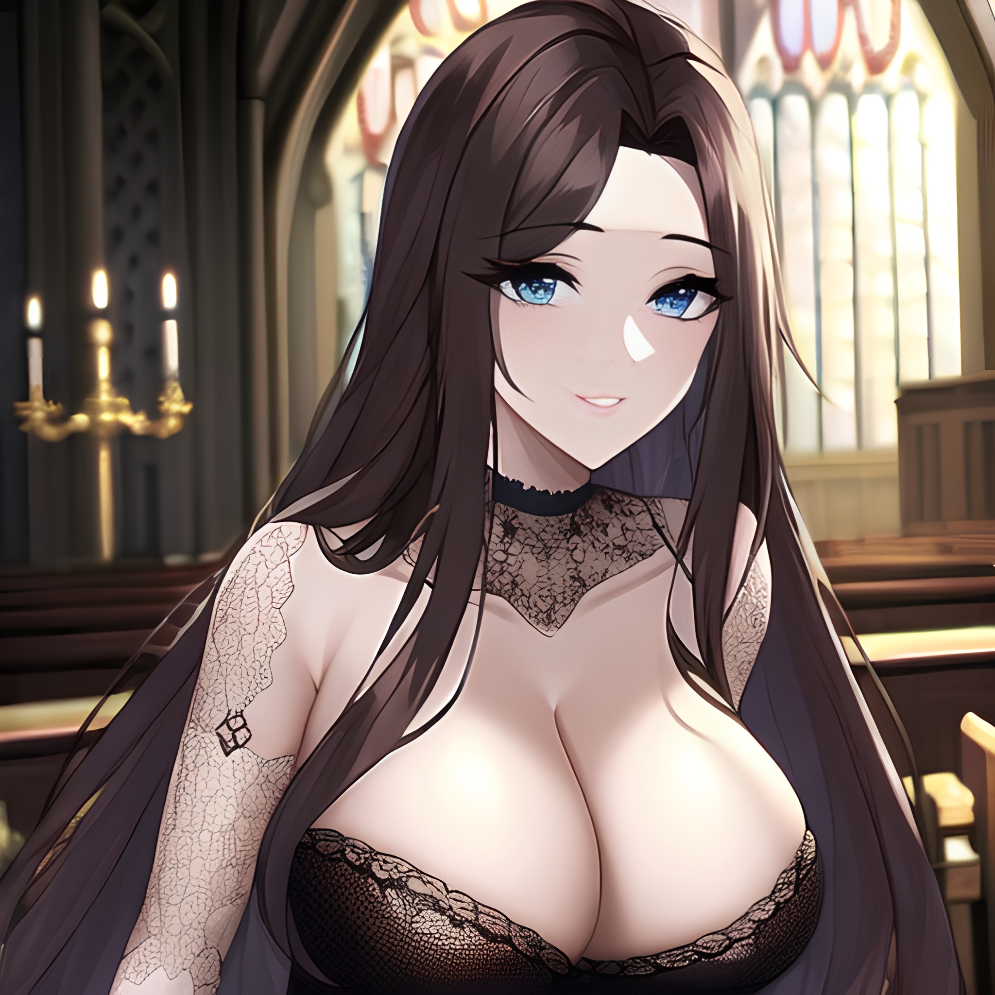 messy hair long hair church woman brunette fishnet
