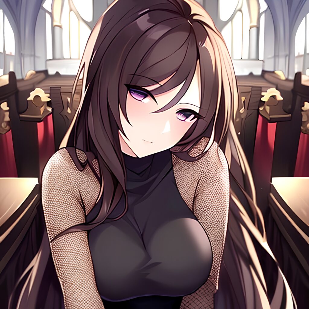 messy hair long hair church woman brunette fishnet 