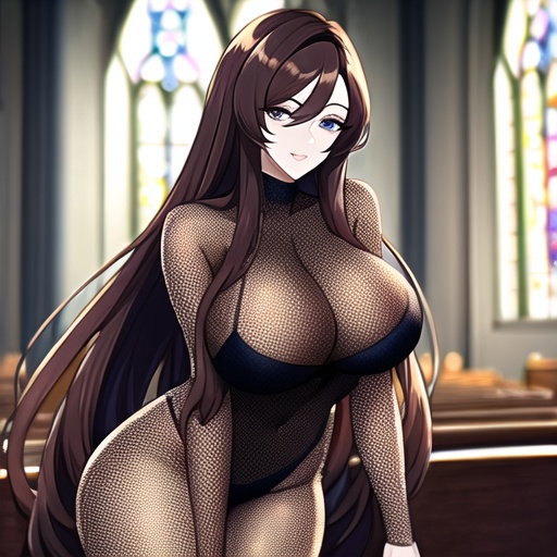 messy hair long hair church woman brunette fishnet