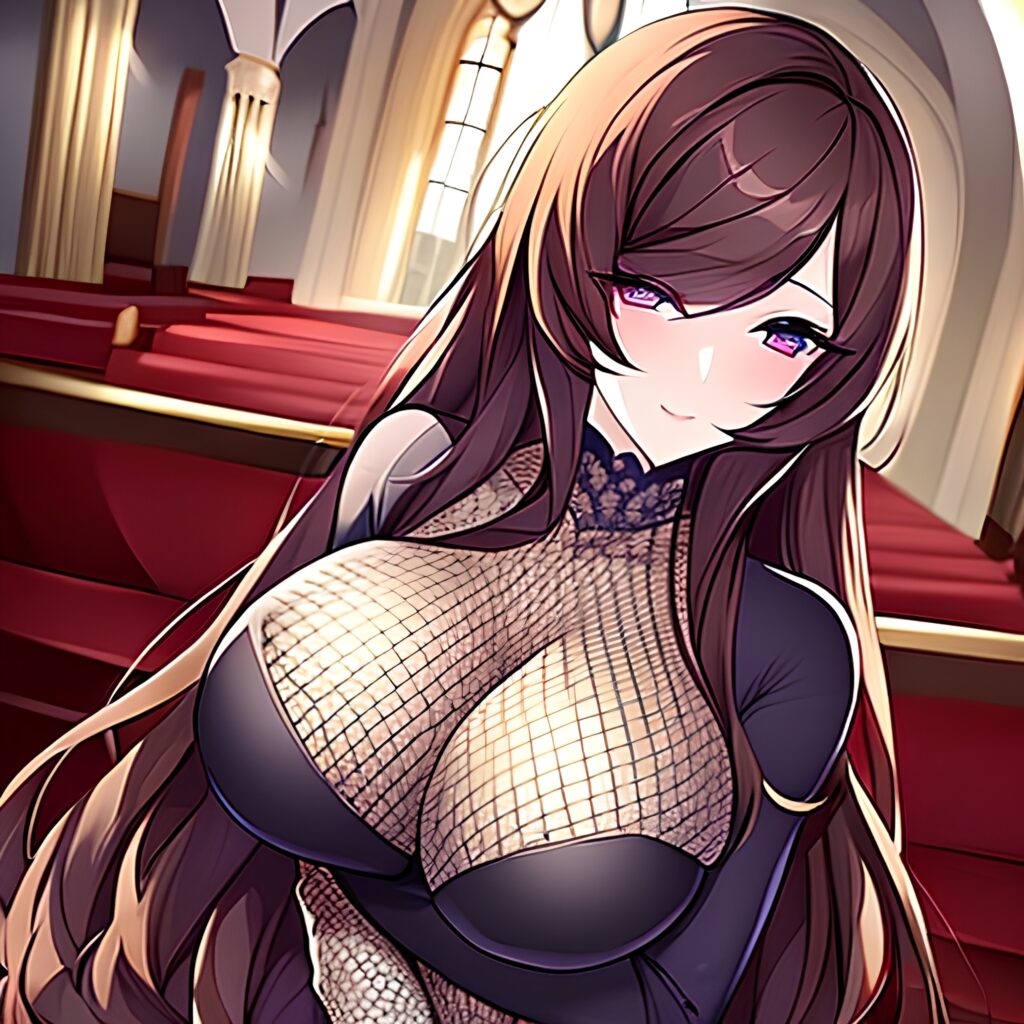 messy hair long hair church woman brunette fishnet 