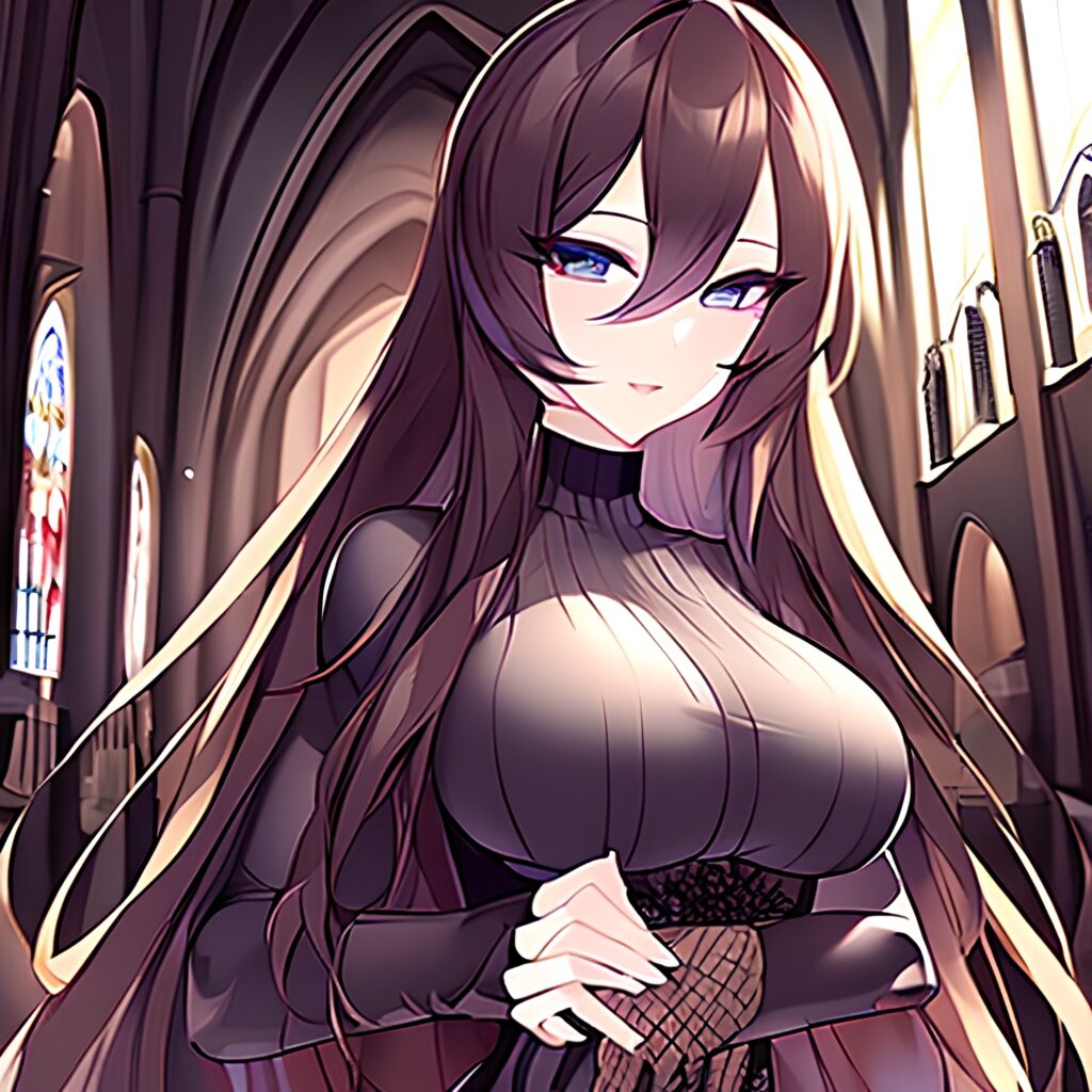 messy hair long hair church woman brunette fishnet 