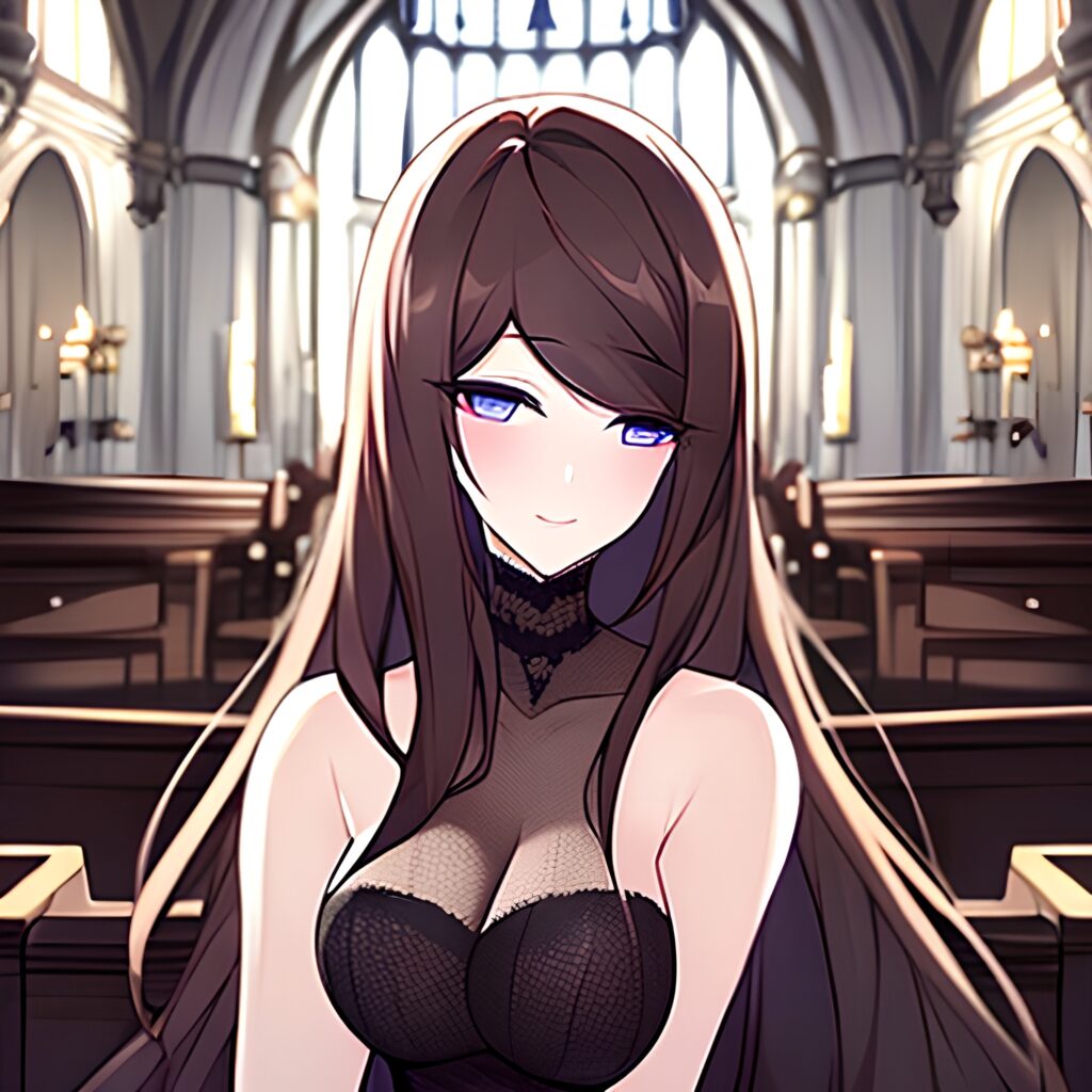 messy hair long hair church woman fishnet brunette 