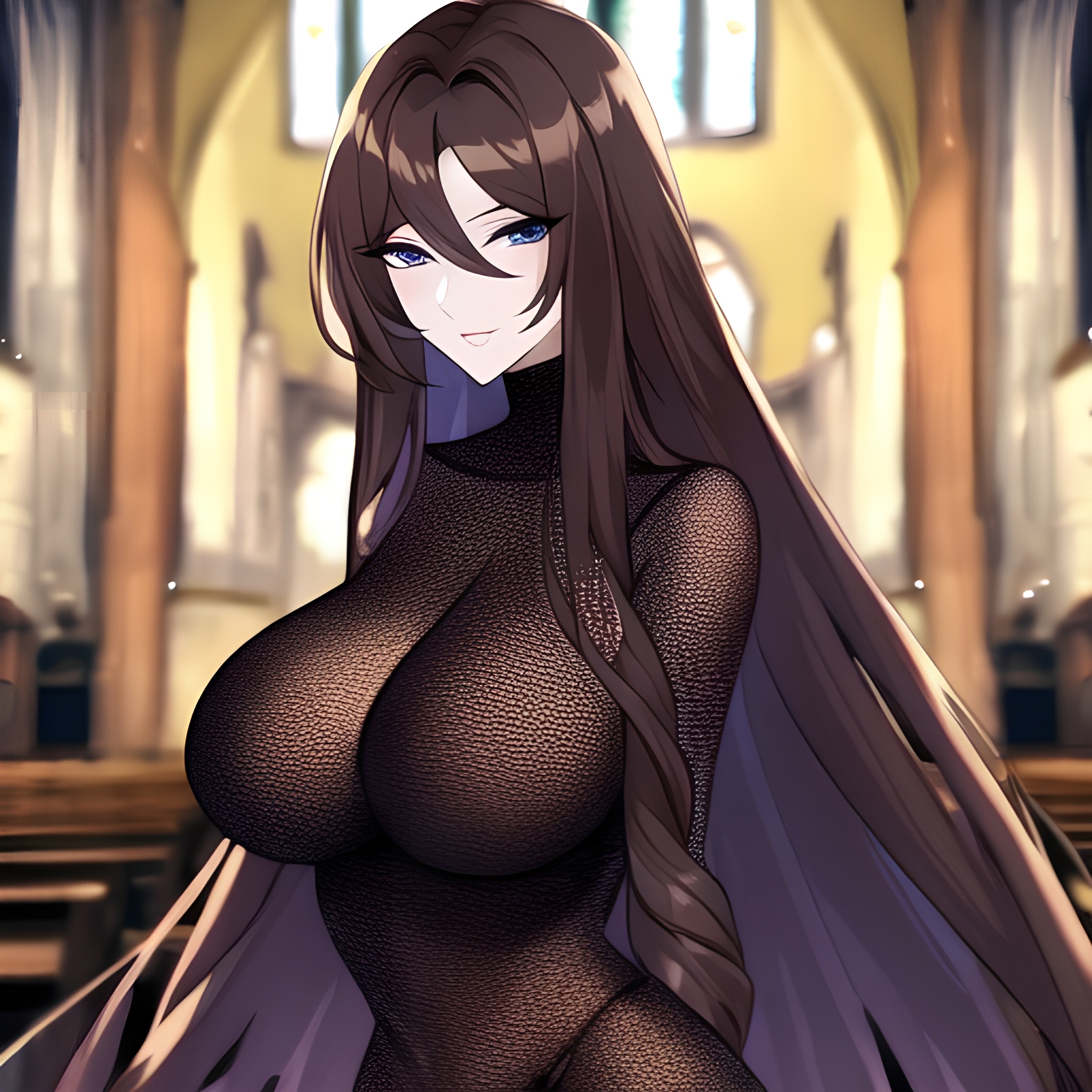 messy hair long hair church woman fishnet brunette 