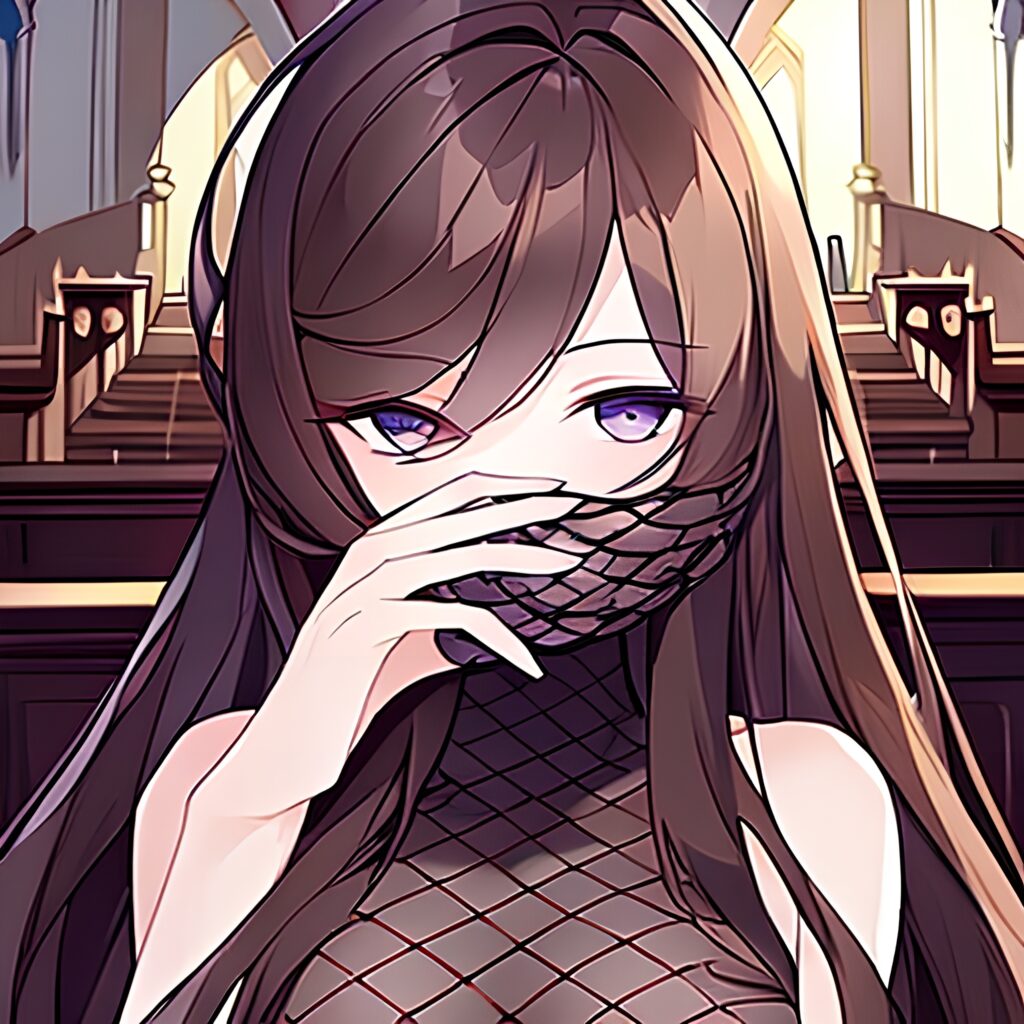 messy hair long hair church woman fishnet brunette