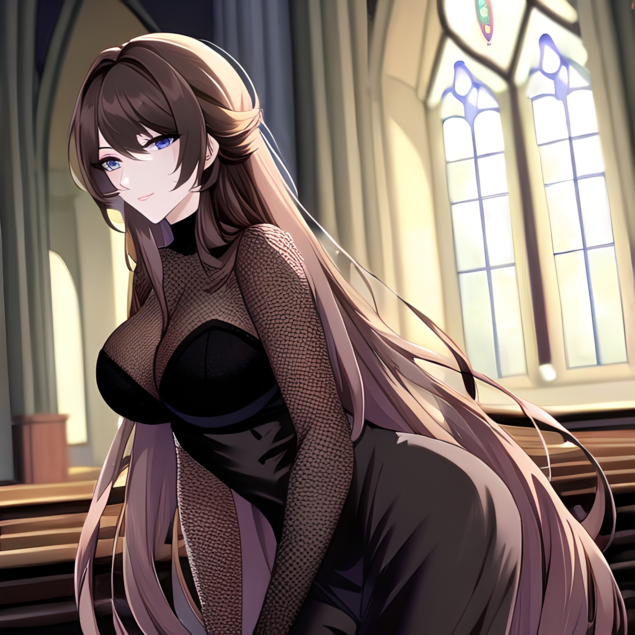messy hair long hair church woman fishnet brunette 